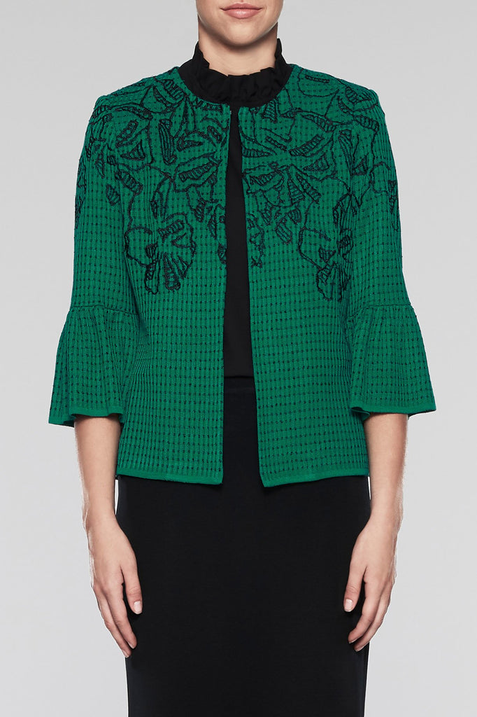 Abstract Floral Bell Sleeve Jacket Color Pine/Black