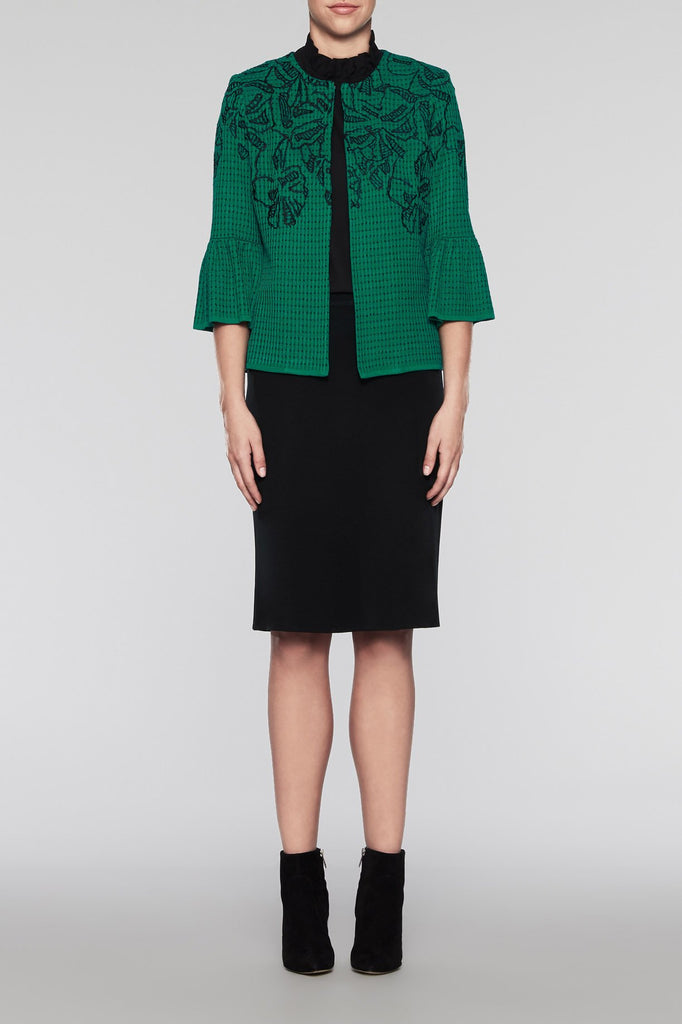 Abstract Floral Bell Sleeve Jacket Color Pine/Black