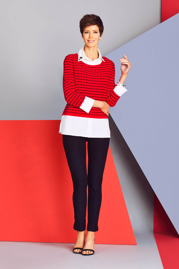 Layered Sweater With Removable Collar Color Bushberry Red/Black/White