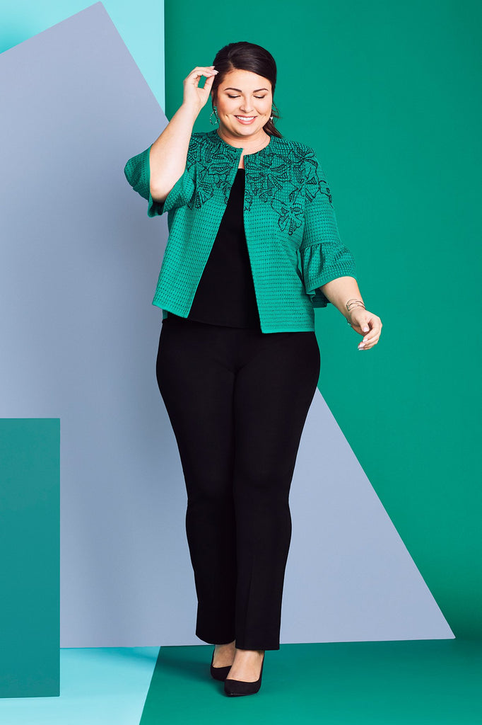 Abstract Floral Bell Sleeve Jacket Color Pine/Black