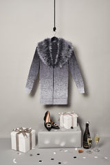 Faux Fur Trim Sweater Jacket Color Black/Granite/Ivory