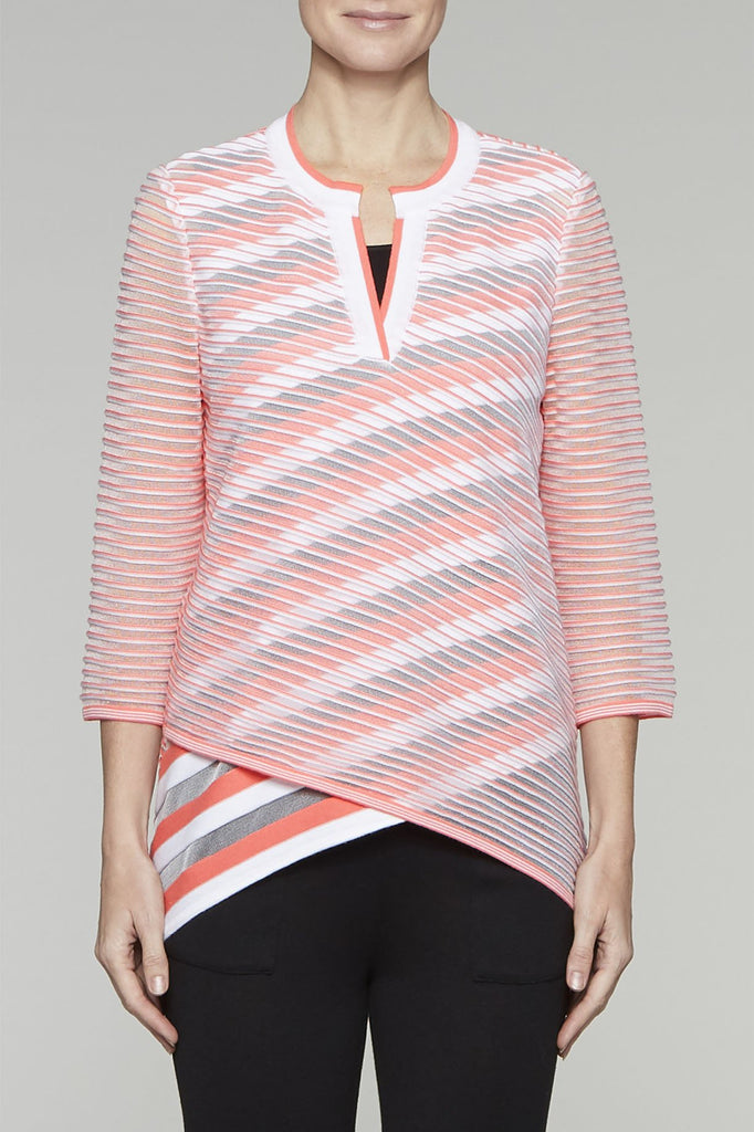 Sheer-Stripe Split-Neck Tunic Color Daylily/White