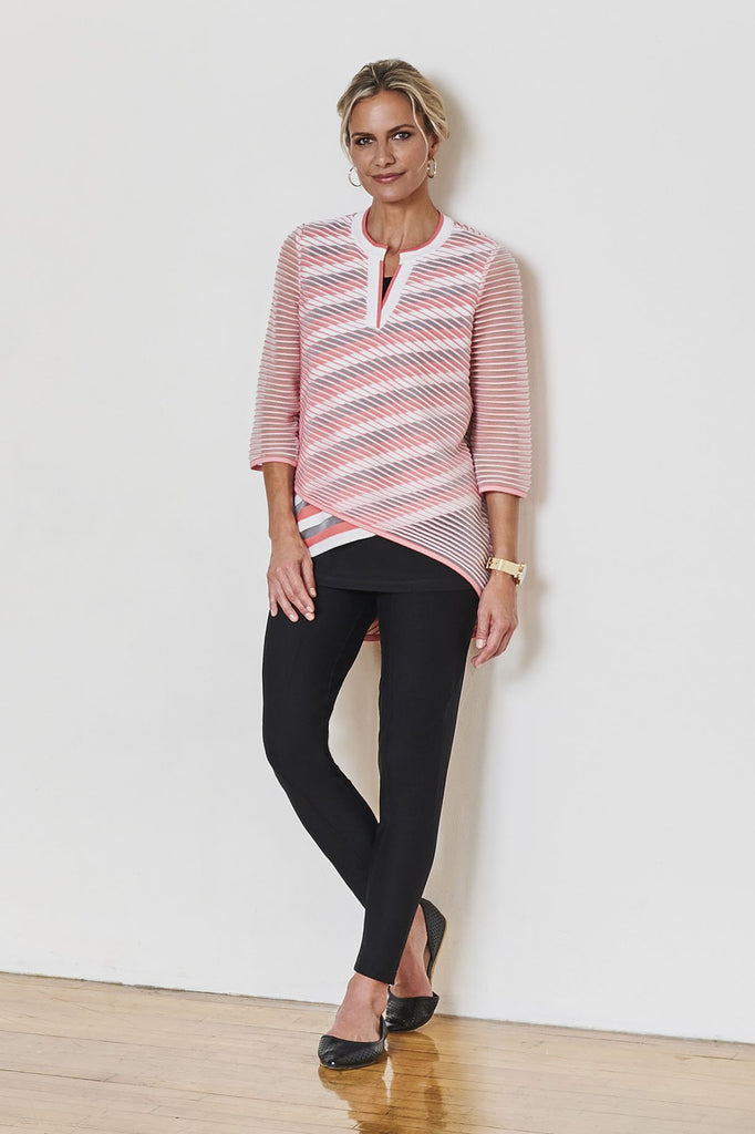Sheer-Stripe Split-Neck Tunic Color Daylily/White