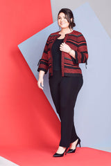 Ribbon Trim Bell Sleeve Jacket Color Bushberry Red/Black/Stonecliff