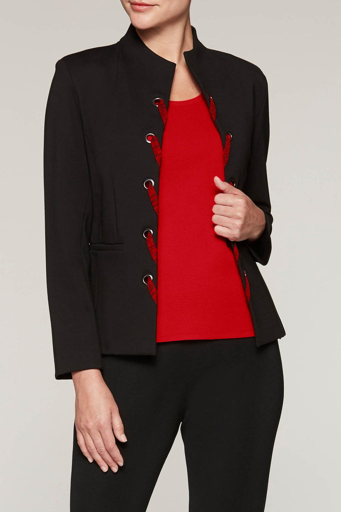 Grommet Laced Ponte Jacket Color Black/Bushberry Red