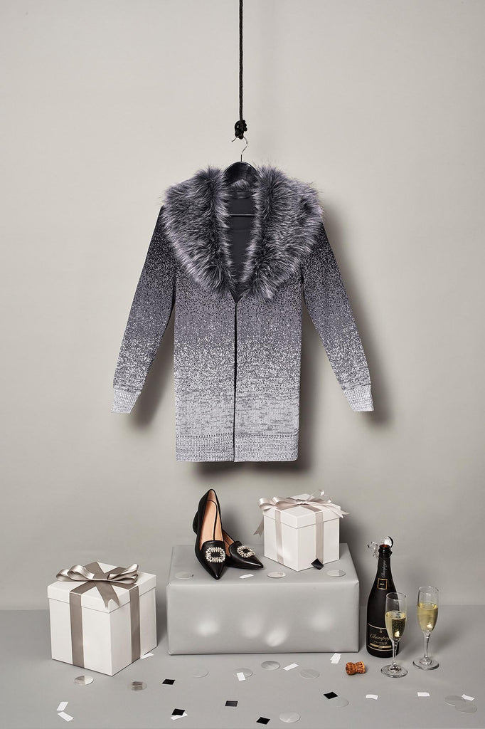 Faux Fur Trim Sweater Jacket Color Black/Granite/Ivory