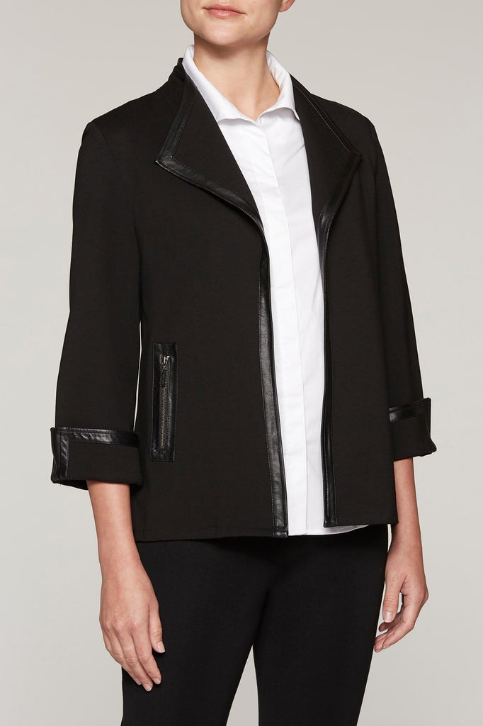 Cuffed Leather Trim Ponte Jacket Color Black