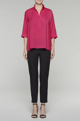 Breezy Split Neck Blouse Color Hibiscus