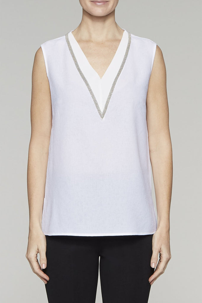 Sparkle Trim V-Neck Tank Color White